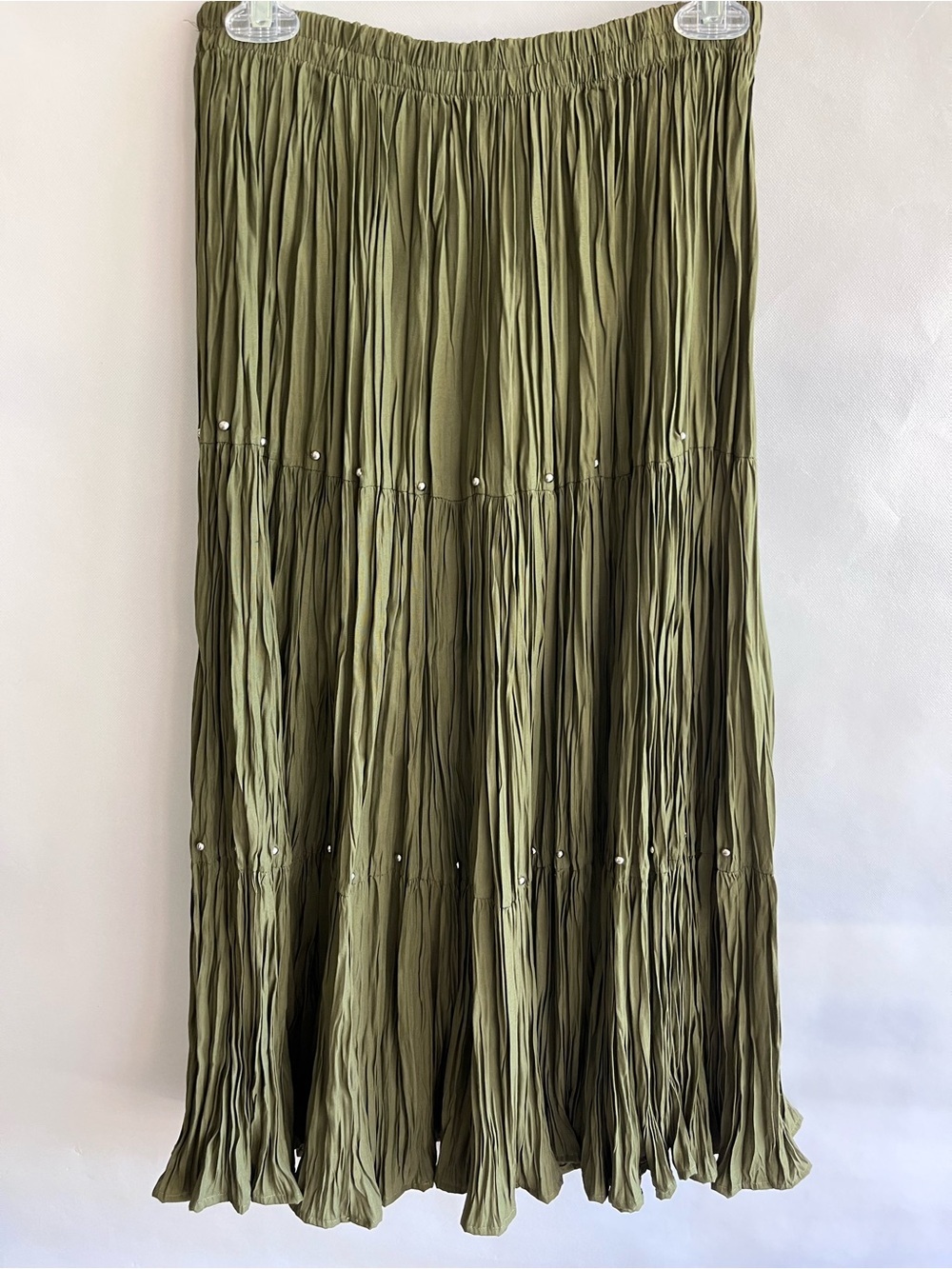 Vintage Green Tiered Boho Midi Skirt Silver Studs Southwest